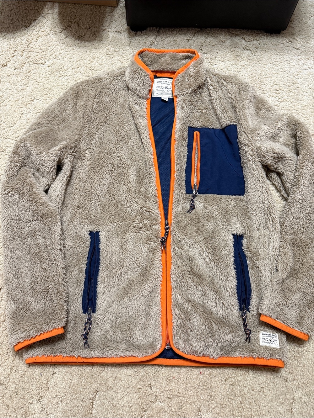 AE Plush Fleece Jacket in Taupe with Navy & Orange Trim